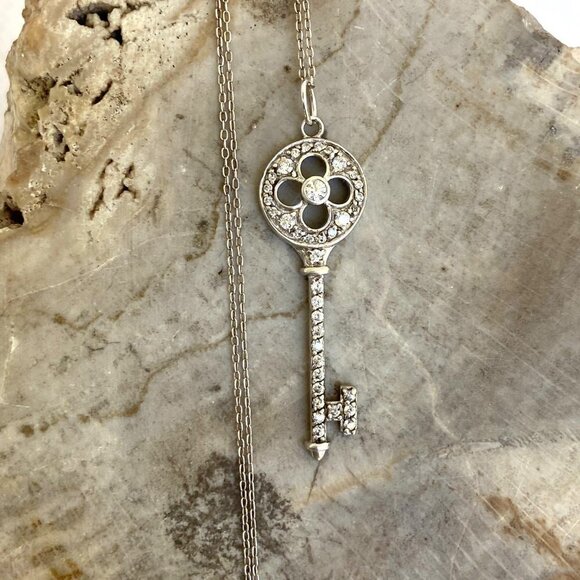 Sterling Silver 925 2" Cubic Zirconia CZ Key Pendant Necklace 20" Cable Chain - Picture 1 of 16